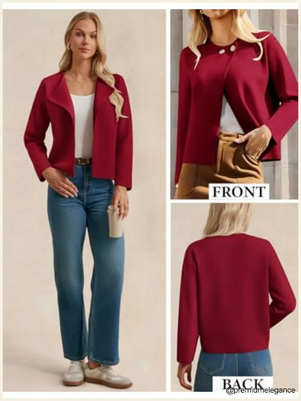 Cropped Knit Sweater Blazer, Open Front, Notch Collar, Long Sleeve, Casual